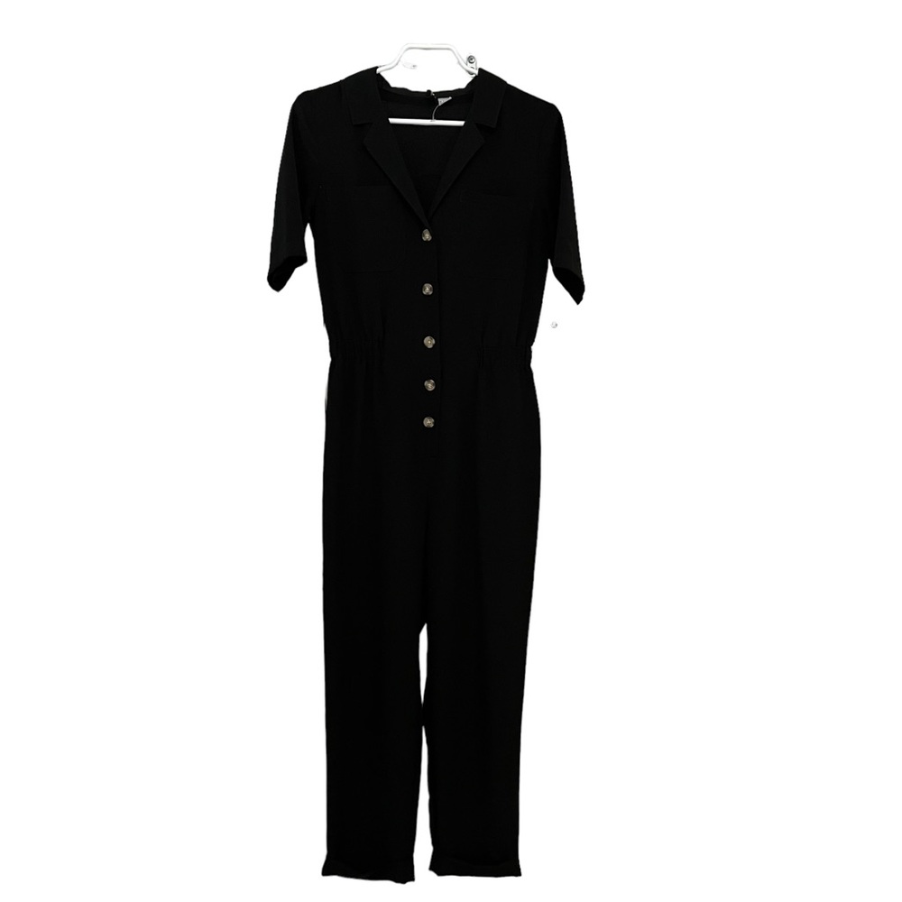 H&M Black Button Up Collared Elastic Waist Jumpsuit